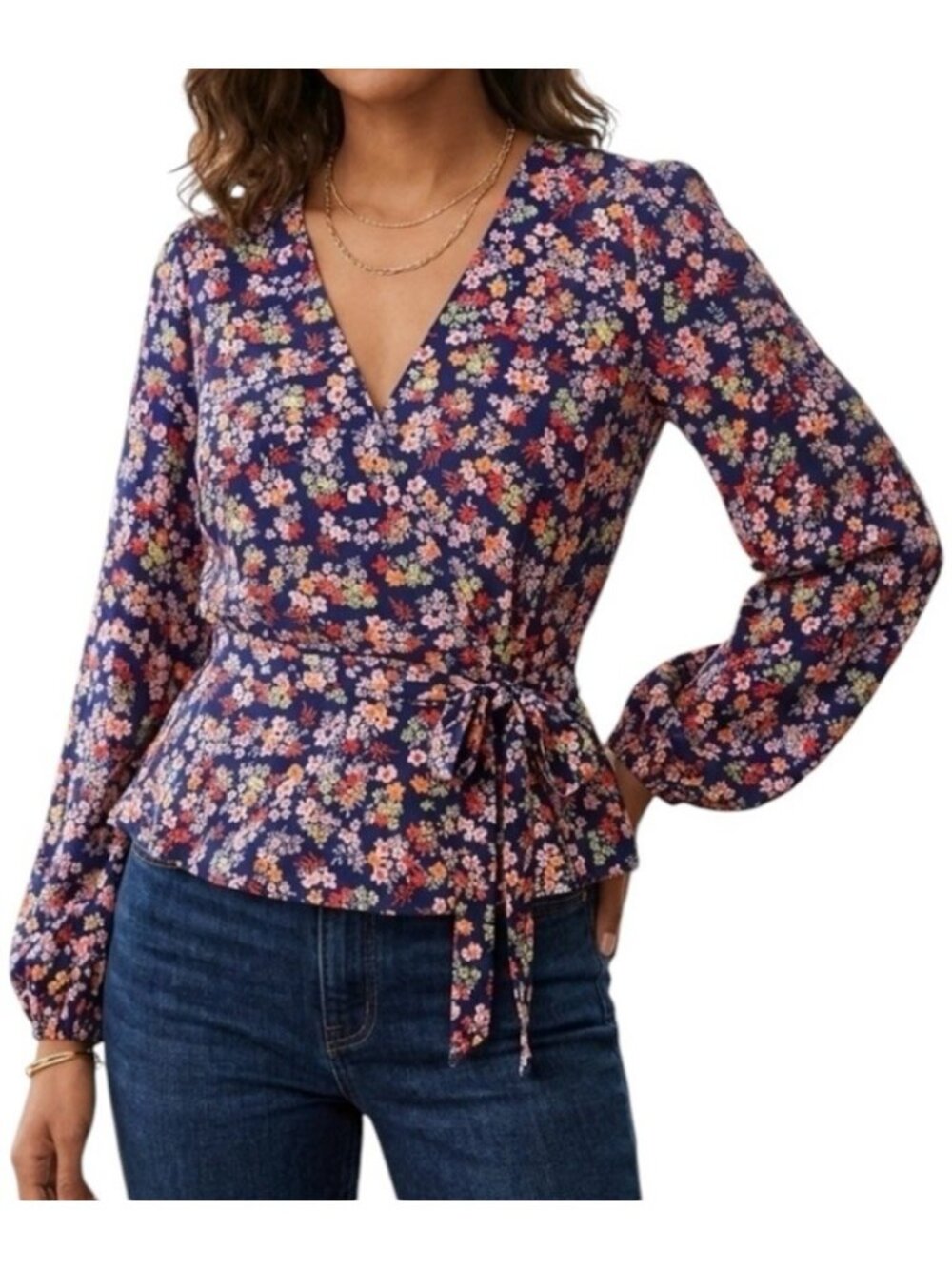 Banana Republic Factory Navy Floral True Wrap Boho Cottagecore Blouse Large
